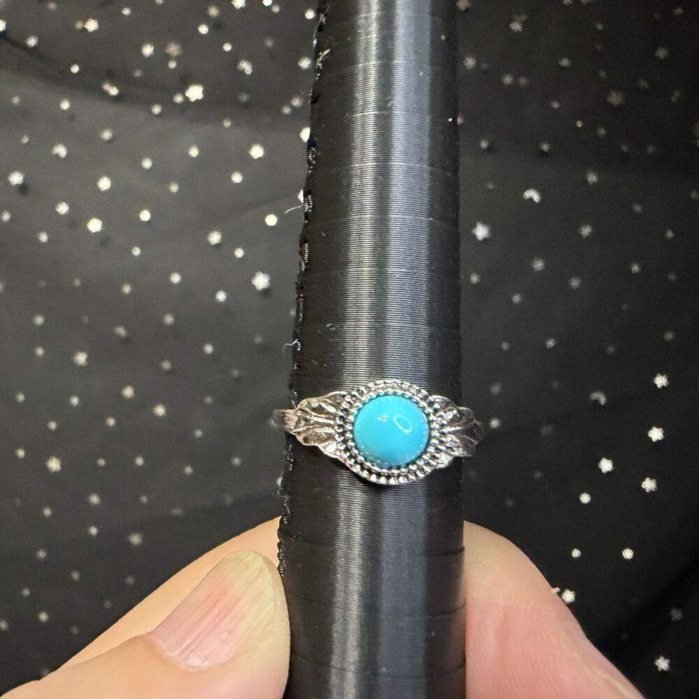 Synthetic Turquoise Ring Size 6.75, Silver Tone Round Stone Ring